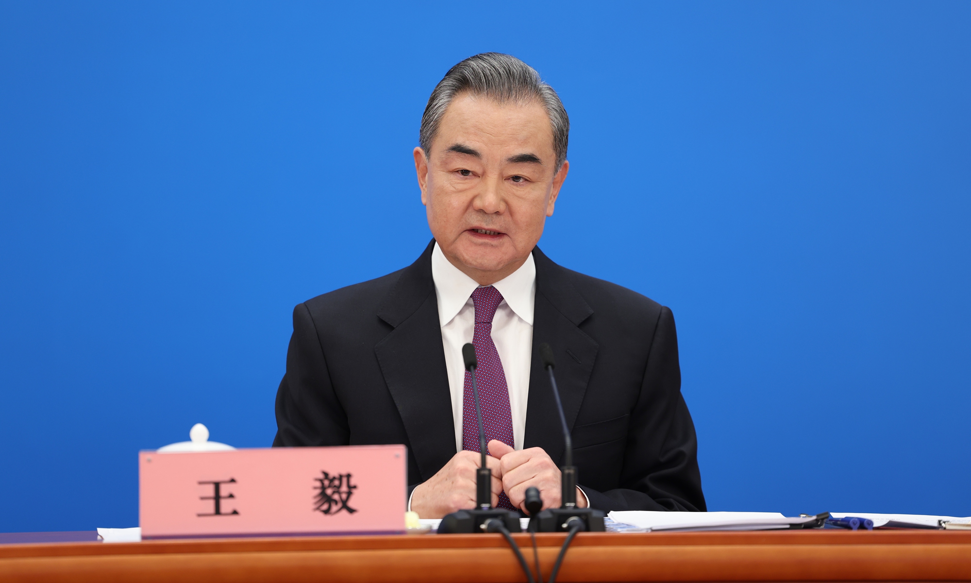 Chinese State Councilor and Foreign Minister Wang Yi attends a press conference on China's foreign policy and foreign relations via video link on the sidelines of the fifth session of the 13th National People's Congress at the Great Hall of the People in Beijing on March 7, 2022. Photo: The Paper