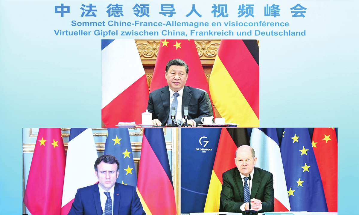 Chinese President Xi Jinping has a virtual summit with French President Emmanuel Macron and German Chancellor Olaf Scholz on Tuesday in Beijing. Photo: Xinhua