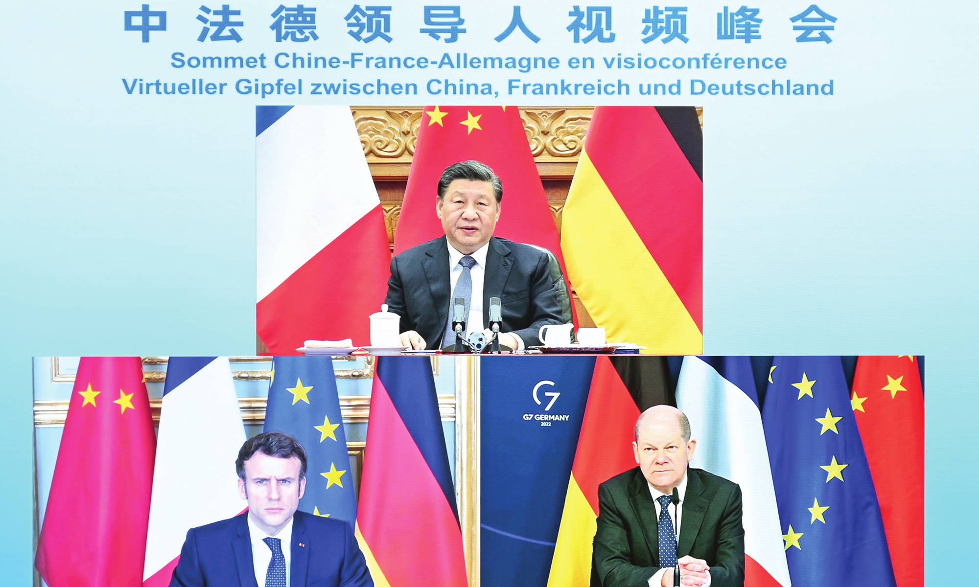 Chinese President Xi Jinping attends a video summit with French President Emmanuel Macron and German Chancellor Olaf Scholz in Beijing on March 8, 2022. Photo: Xinhua