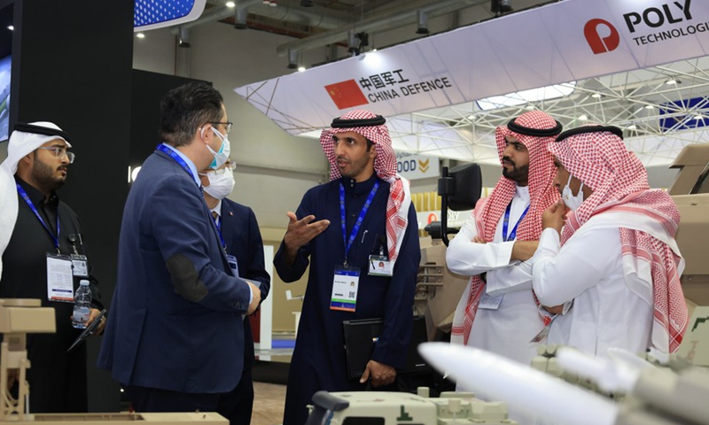 People visit the China Defence exhibition area of the first World Defense show in Riyadh, Saudi Arabia, March 6, 2022. Photo: Xinhua/Wang Haizhou
