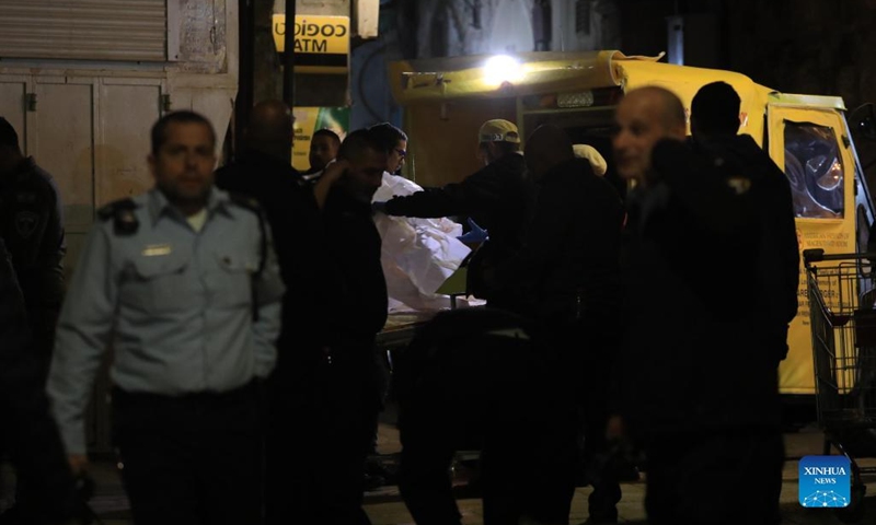 Israeli police work at the scene of a stabbing attack in Jerusalem's Old City, on March 7, 2022. Israeli police said on Monday that they shot dead a man who stabbed two police officers in East Jerusalem. (Photo: Xinhua)