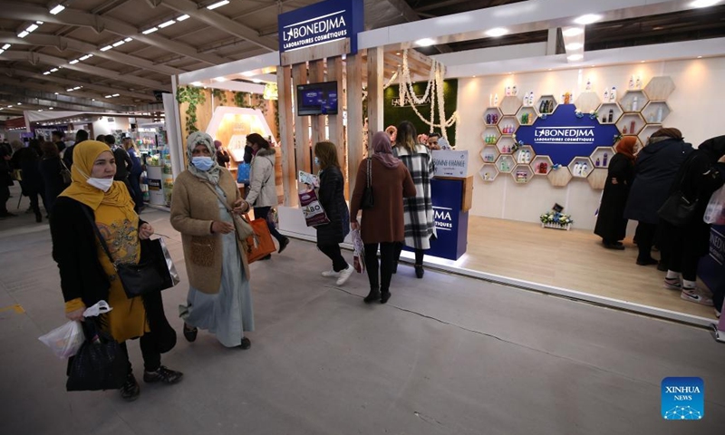 People visit the 18th edition of the international women's fair in Algiers, Algeria, on March 7, 2022. On the occasion of International Women's Day, the fair is held from March 3 to March 8.(Photo: Xinhua)