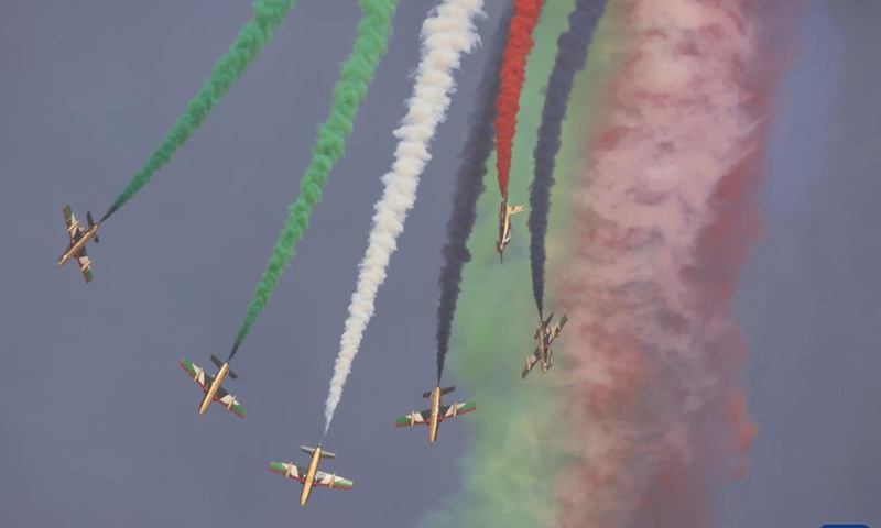Aircraft of the Al Fursan aerobatic team perform during the first World Defense Show in Riyadh, Saudi Arabia, on March 8, 2022.(Photo: Xinhua)