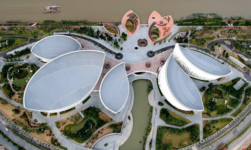 Aerial photo shows the five venues of Fuzhou Straits Culture and Art Center, forming the structure of five petals of a giant jasmine flower in Fuzhou, southeast China's Fujian Province, March 9, 2022. (Photo: China News Service/Wang Dongming)