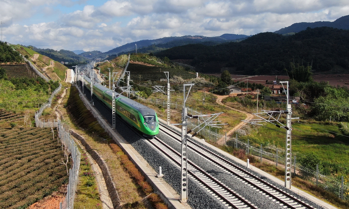 An international freight train on the China-Laos Railway in Southwest China's Yunnan Province on Jan 3 Photo: Xinhua
