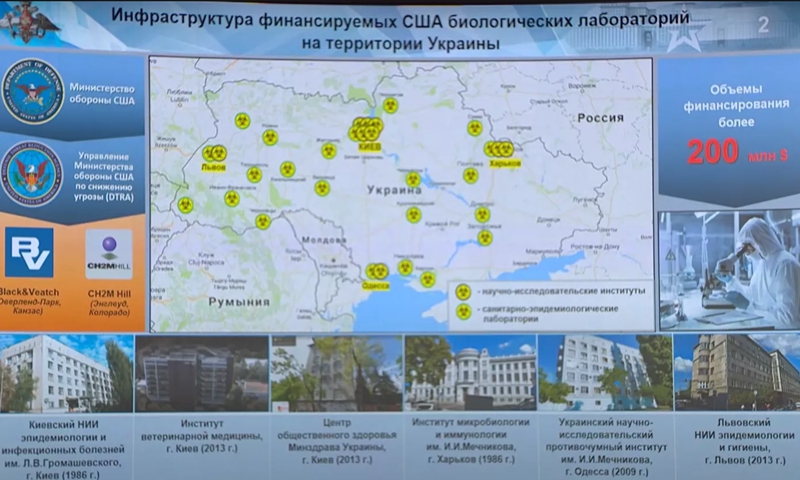 Screengrab of Russian Defence Ministry briefing showing US-sponsored biolabs on Ukraininan territory. Photo : Russian Ministry of Defence