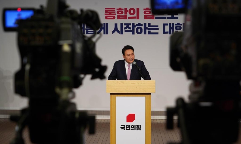 President-elect Yoon Suk-yeol speaks during a press conference at the National Assembly Library in Seoul, South Korea, March 10, 2022. Yoon Suk-yeol of the main conservative opposition People Power Party won a narrow victory in the South Korean presidential election amid people's aspiration for transfer of power. (Photo by James Lee/Xinhua)