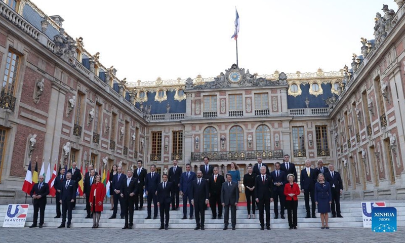 EU leaders pose for a group photo ahead of the informal European Council meeting in the Palace of Versailles, near Paris, France, March 10, 2022. Discussions at the informal European Council meeting in Versailles, France, will focus on Europe's approach to the Russia-Ukraine crisis, French President Emmanuel Macron said on Thursday.Photo:Xinhua