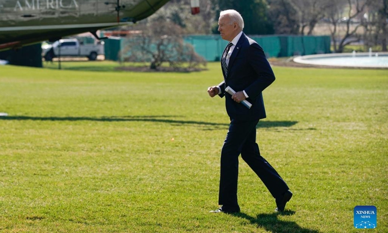 US President Joe Biden walks on the South Lawn to board Marine One at the White House in Washington, DC March 11, 2022. The US government will revoke Russia's most-favored nation trade status amid the Ukraine crisis, the White House said Friday, noting that it will work with Group of Seven (G7) countries and the European Union to roll out new sanctions.Photo:Xinhua