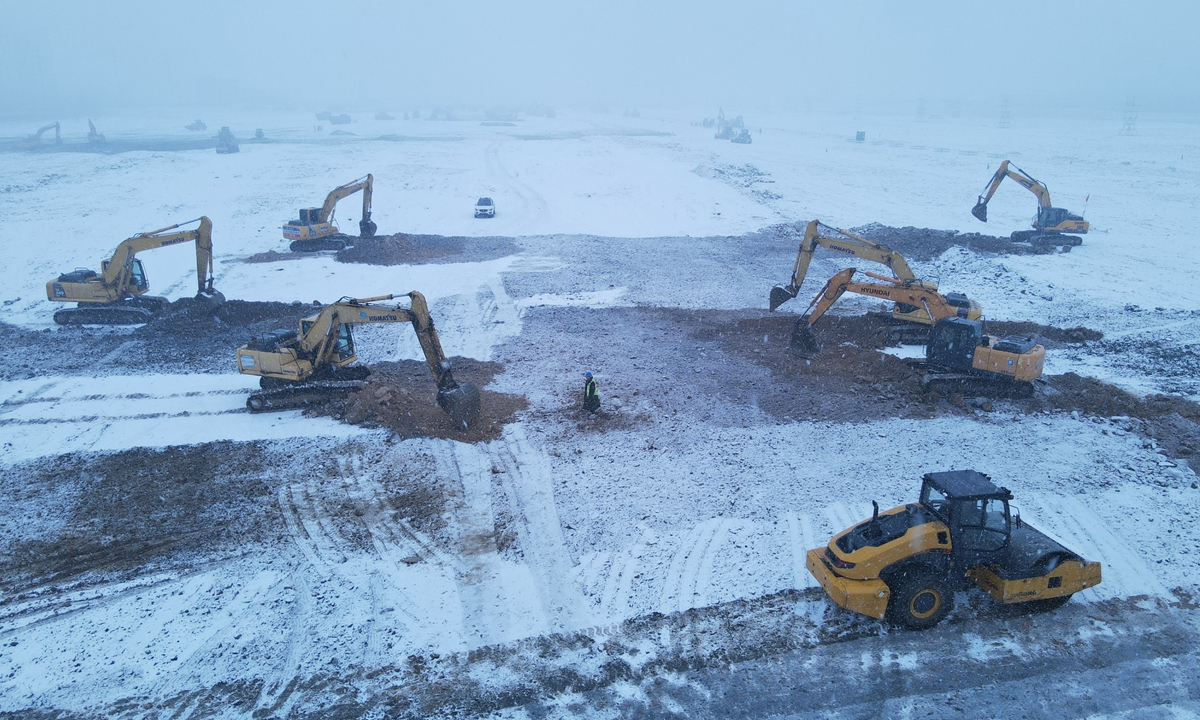 Makeshift hospitals are under construction in Gaoxin South district, Jilin City, Northeast China's Jilin Province on March 14, 2022, under snow. Jilin Province has been hit hard by the recent Omicron outbreak. Photo: VCG