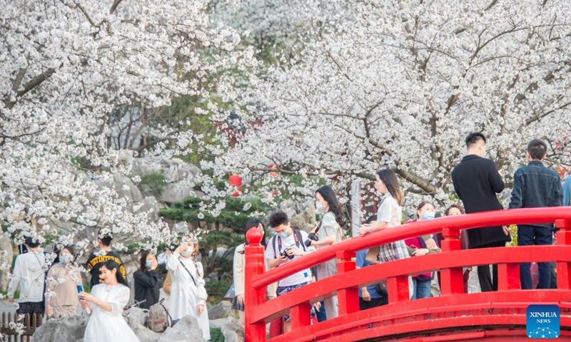 Tourists enjoy themselves at a cherry garden in Wuhan, central China's Hubei Province, March 14, 2022.(Photo: Xinhua)