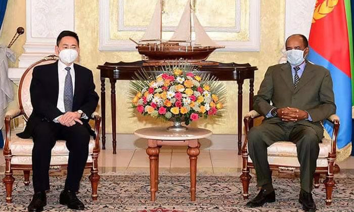 Xue Bing, special envoy for the Horn of Africa affairs met with Eritrean President Eritrean President Isaias Afwerki in Asmara on Saturday. Photo: Chinese Embassy to Eritrea