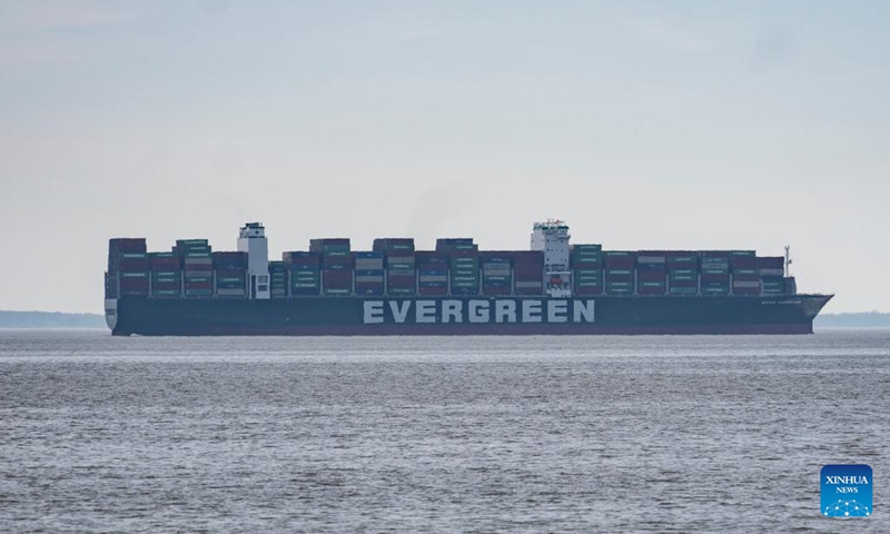 Photo taken on March 15, 2022 shows the container vessel Ever Forward in the Maryland portion of the Chesapeake Bay, the United States. The giant container vessel has been stuck in the Chesapeake Bay, the largest inlet in the Atlantic Coastal Plain of the eastern United States. Ever Forward remains aground in the Maryland portion of the Chesapeake Bay as of Tuesday afternoon, according to VesselFinder, a vessel tracking website.(Photo: Xinhua)