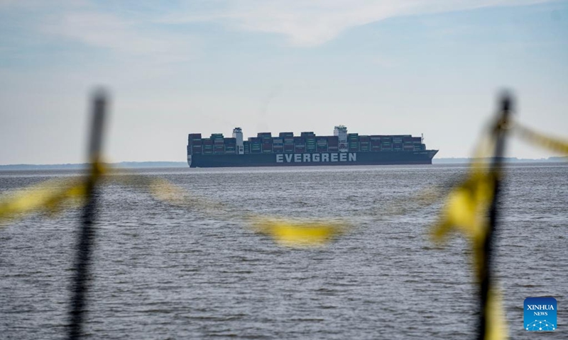 Photo taken on March 15, 2022 shows the container vessel Ever Forward in the Maryland portion of the Chesapeake Bay, the United States. The giant container vessel has been stuck in the Chesapeake Bay, the largest inlet in the Atlantic Coastal Plain of the eastern United States. Ever Forward remains aground in the Maryland portion of the Chesapeake Bay as of Tuesday afternoon, according to VesselFinder, a vessel tracking website.(Photo: Xinhua)