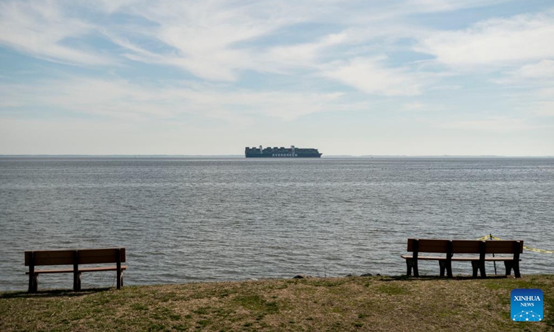 Photo taken on March 15, 2022 shows the container vessel Ever Forward in the Maryland portion of the Chesapeake Bay, the United States. The giant container vessel has been stuck in the Chesapeake Bay, the largest inlet in the Atlantic Coastal Plain of the eastern United States. Ever Forward remains aground in the Maryland portion of the Chesapeake Bay as of Tuesday afternoon, according to VesselFinder, a vessel tracking website.(Photo: Xinhua)