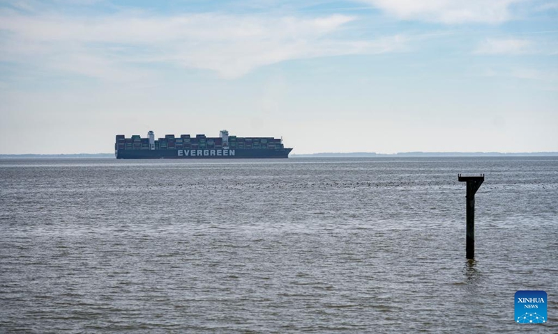 Photo taken on March 15, 2022 shows the container vessel Ever Forward in the Maryland portion of the Chesapeake Bay, the United States. The giant container vessel has been stuck in the Chesapeake Bay, the largest inlet in the Atlantic Coastal Plain of the eastern United States. Ever Forward remains aground in the Maryland portion of the Chesapeake Bay as of Tuesday afternoon, according to VesselFinder, a vessel tracking website.(Photo: Xinhua)