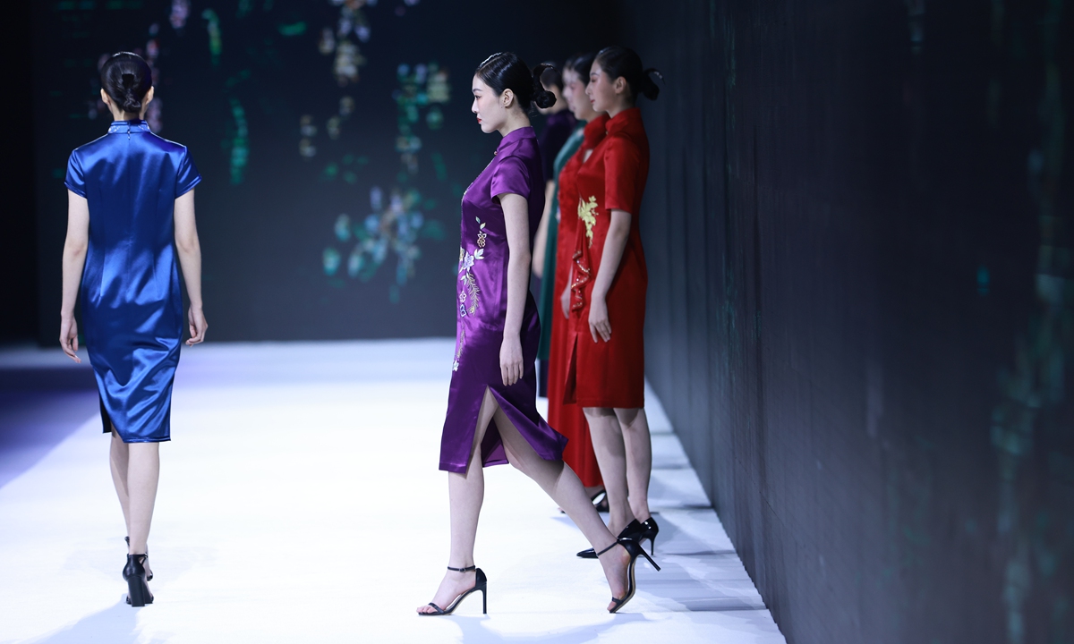 Models wearing qipao walk the catwalk at a cultural event in Northeast China's Liaoning Province on October 14, 2021.Photo: IC