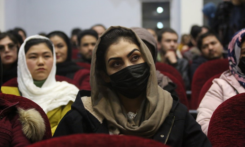 People watch the first-ever TV drama screened since the Taliban's takeover of power in Afghanistan and the evacuation of the U.S.-led forces at a cinema in Kabul, capital of Afghanistan, March 10, 2022.(Photo: Xinhua)