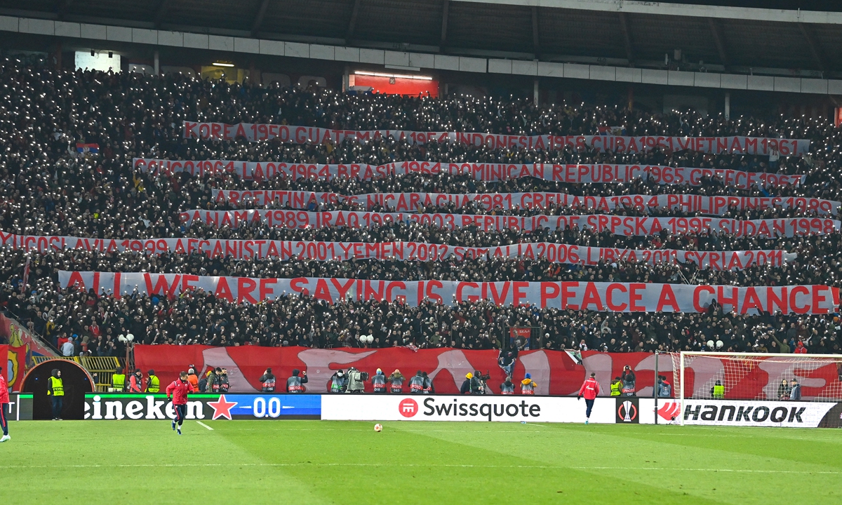 During the UEFA Europa League Round of 16 second leg football match between Red Star Belgrade and Glasgow Rangers at the Rajko Mitic Stadium, in Belgrade,Serbia, on Thursday, thousands of Serbian soccer fans displayed five huge banners listing over 20 countries which have been invaded by the US and NATO. Photo: AFP