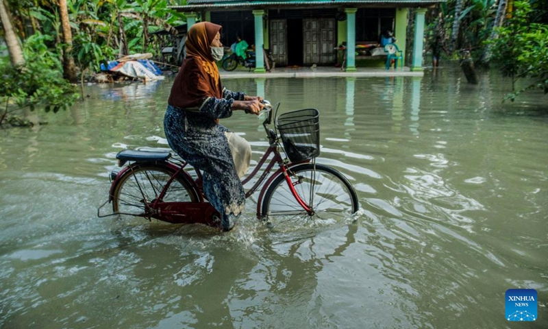 A woman rides through flood water triggered by heavy rainfall and overflowing of Bogowonto River in Purworejo, Central Java, Indonesia, March 17, 2022.(Photo: Xinhua)