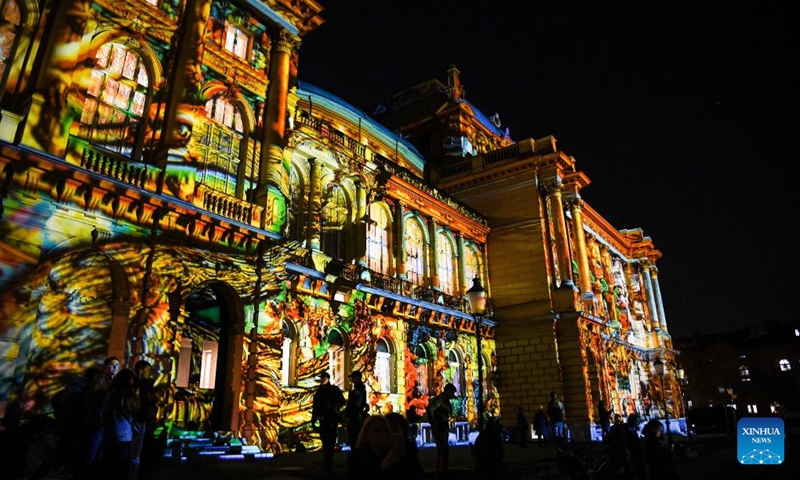 Photo taken on March 16, 2022 shows Croatian National Theatre illuminated during the Festival of Lights in Zagreb, Croatia.Photo:Xinhua