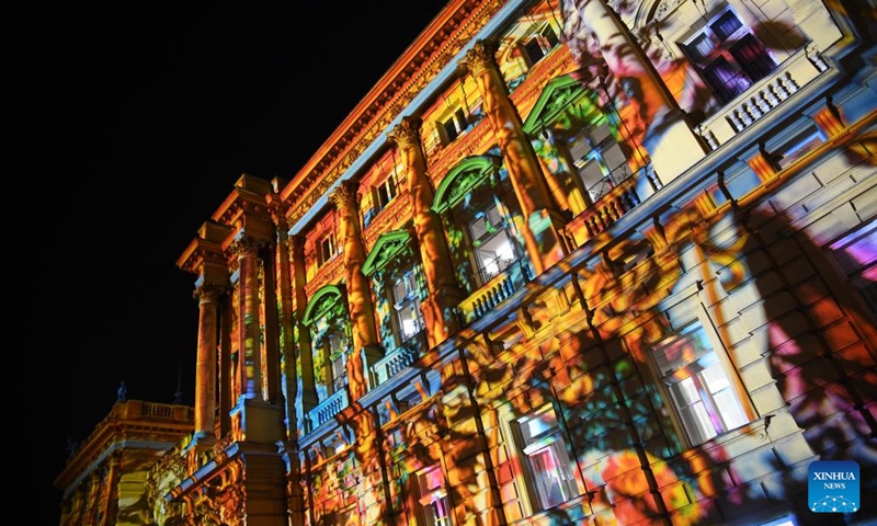 Photo taken on March 16, 2022 shows Croatian National Theatre illuminated during the Festival of Lights in Zagreb, Croatia.Photo:Xinhua
