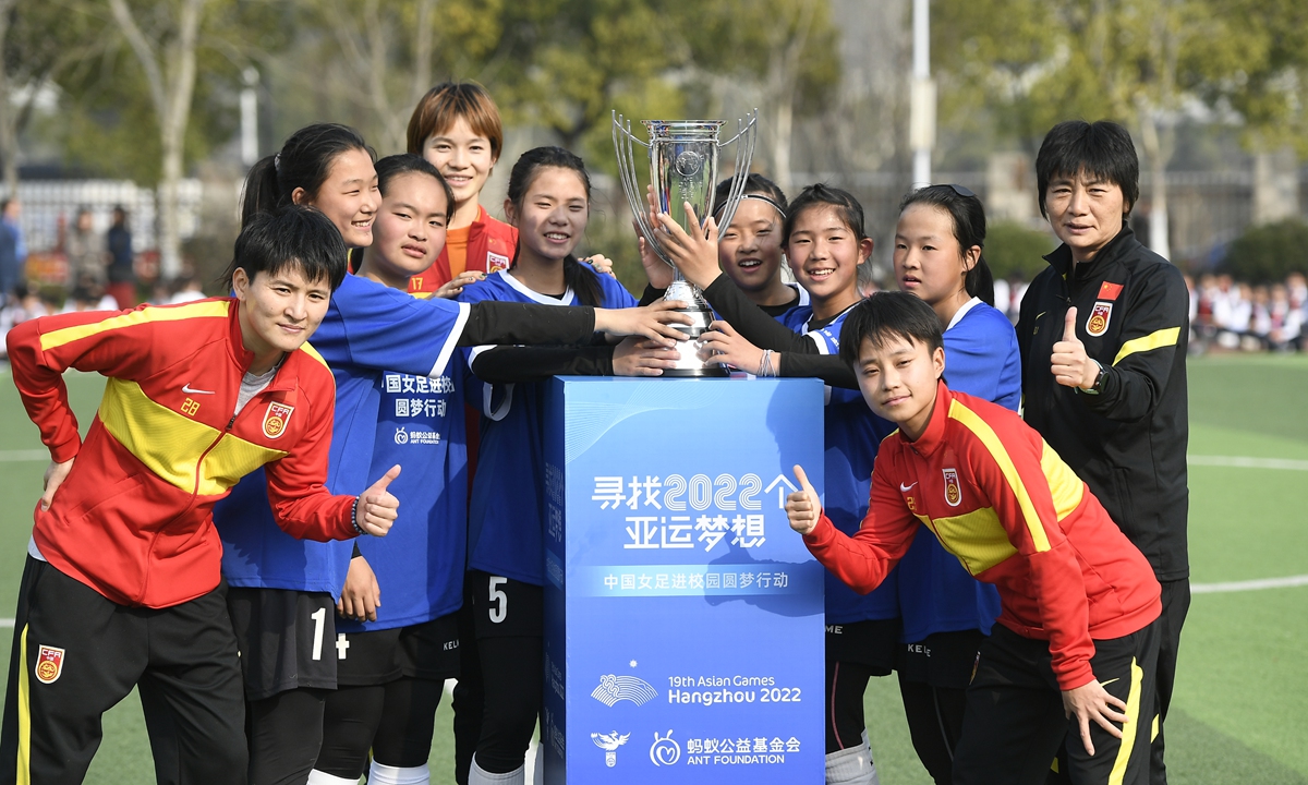 People walk past a billboard featuring Team China's Gu Ailing in Sanlitun, Beijing on March 15, 2022. 
Above: Chinese women's soccer team players attend an event in Hangzhou, Zhejiang Province on March 3, 2022. Photos: VCG