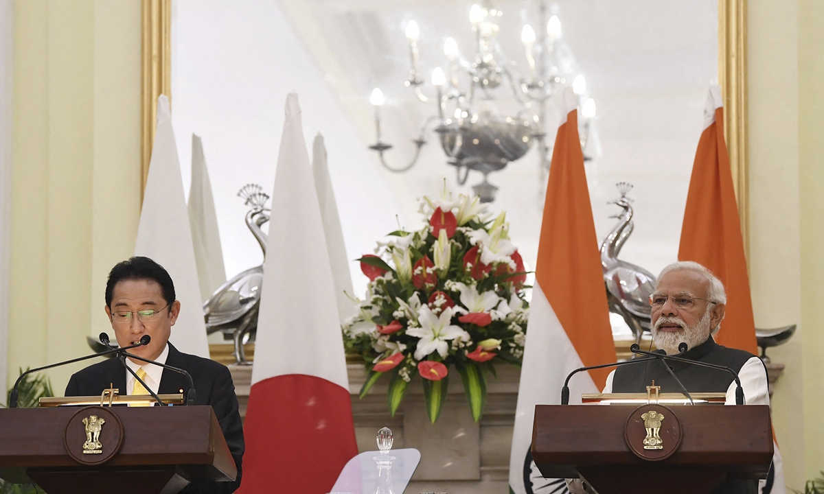 Japan's Prime Minister Fumio Kishida meets with his Indian counterpart Narendra Modi during a press statement after their meeting at the Hyderabad House in New Delhi on March 19, 2022. Photo: AFP