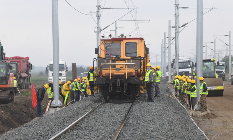Workers are seen at the construction site of the Belgrade-Budapest railway in Stara Pazova, Serbia, May 30, 2020.Photo:Xinhua