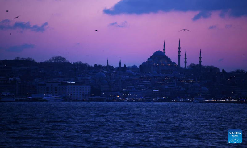 Photo taken on March 22, 2022 shows a sunset view in Istanbul, Turkey. (Xinhua/Shadati)