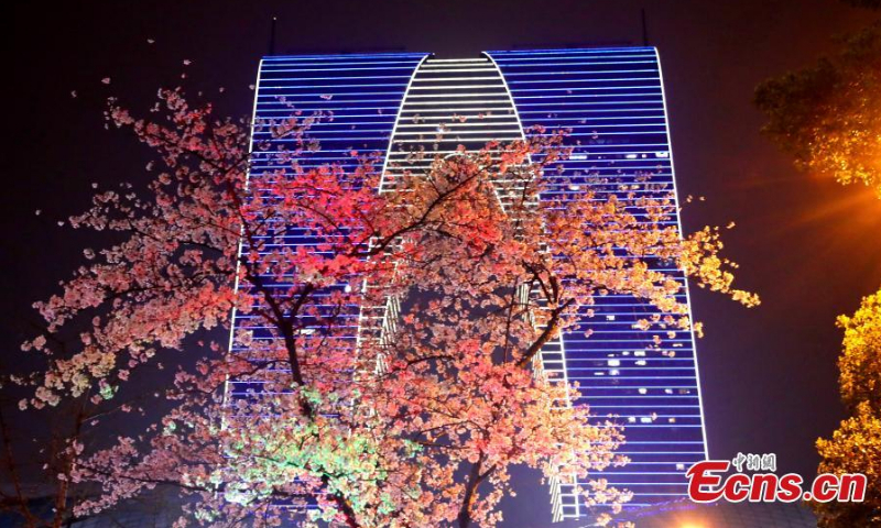 Cherry blossoms and Suzhou's landmark building, the Gate of the East, create a beautiful night view in Suzhou, east China's Jiangsu Province, March 22, 2022. (Photo provided to China News Service)