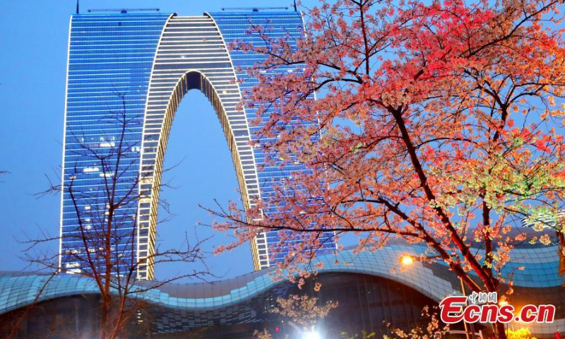 Cherry blossoms and Suzhou's landmark building, the Gate of the East, create a beautiful night view in Suzhou, east China's Jiangsu Province, March 22, 2022. (Photo provided to China News Service)