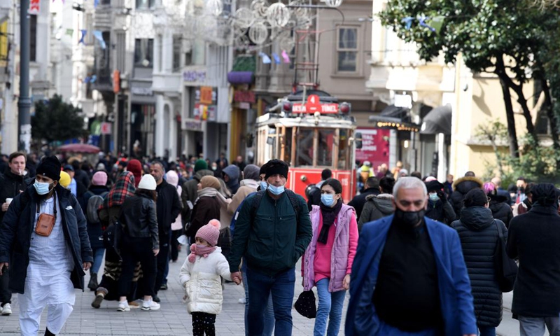 People walk on the street at Taksim Square in Istanbul, Turkey, March 21, 2022.(Photo: Xinhua)