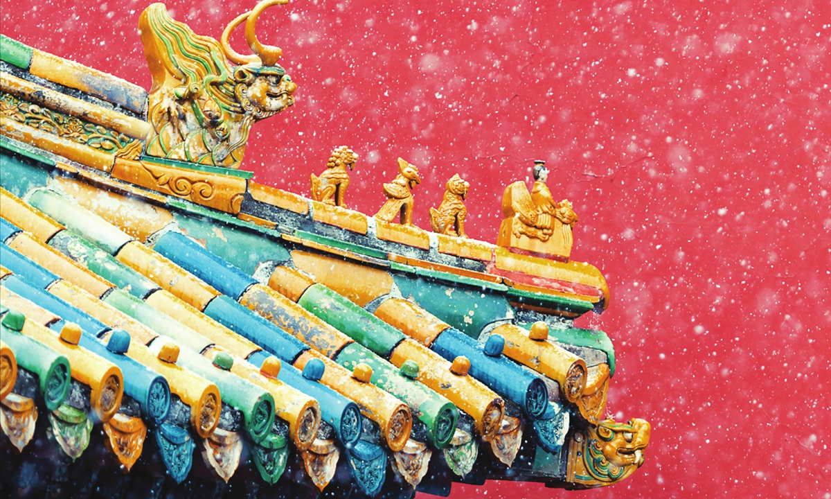 Photo taken on March 18, 2022, shows the snow-covered wall and roof of the Forbidden City in Beijing. Photo: IC