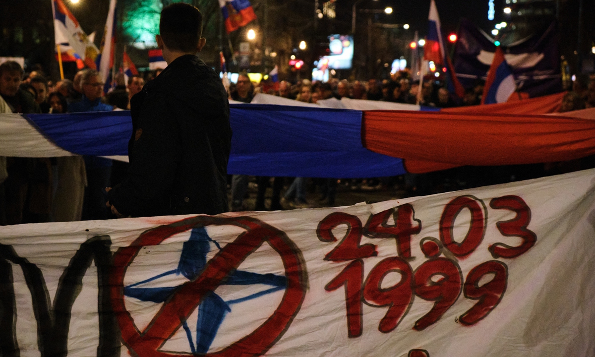 Serbians protest against NATO in Belgrade, Serbia on March 24, 2022, the 23rd anniversary of the NATO bombing of Yugoslavia. Senior Serbian officials attended events commemorating the victims of the bombing, and defense minister Nebojsa Stefanovic described the day 