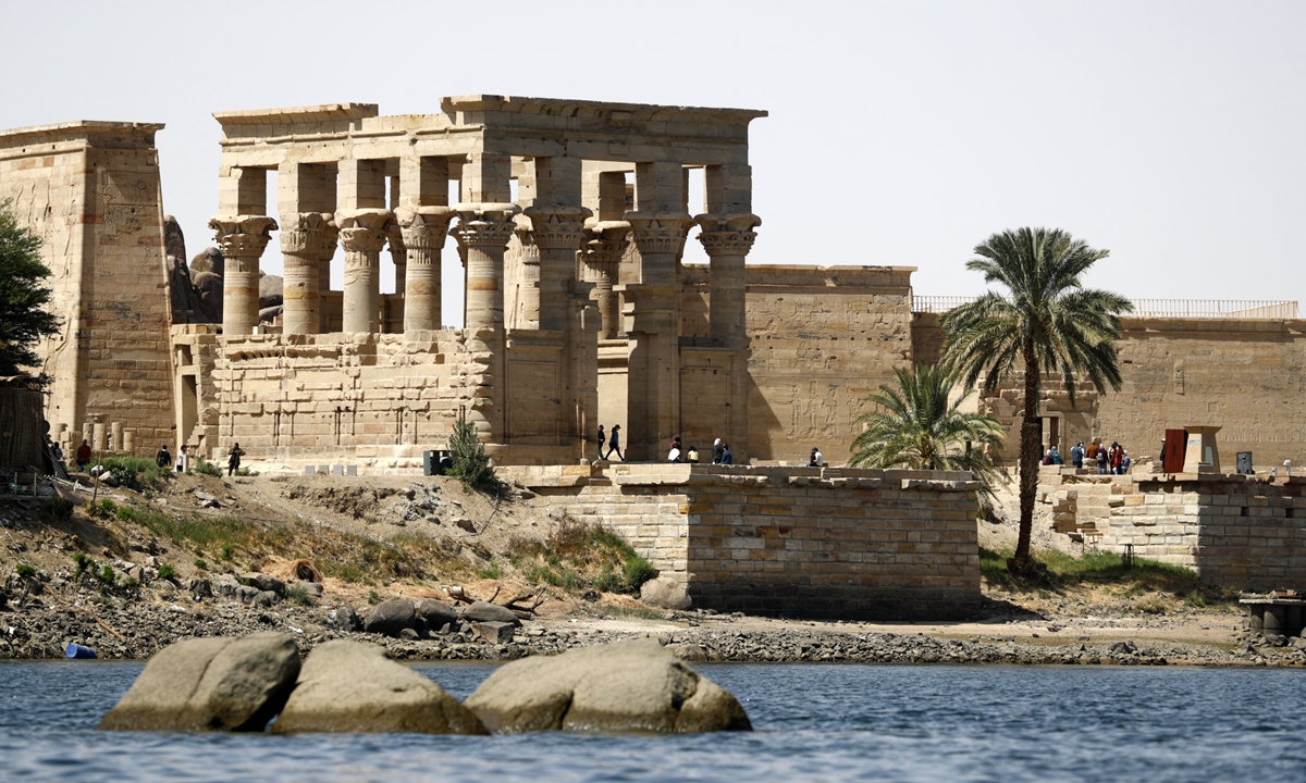 A picture taken on February 24, 2022, shows the Philae temple on a small island in the reservoir of the Aswan Low Dam in the city of Aswan in Upper Egypt, south of the capital Cairo. Photo: AFP