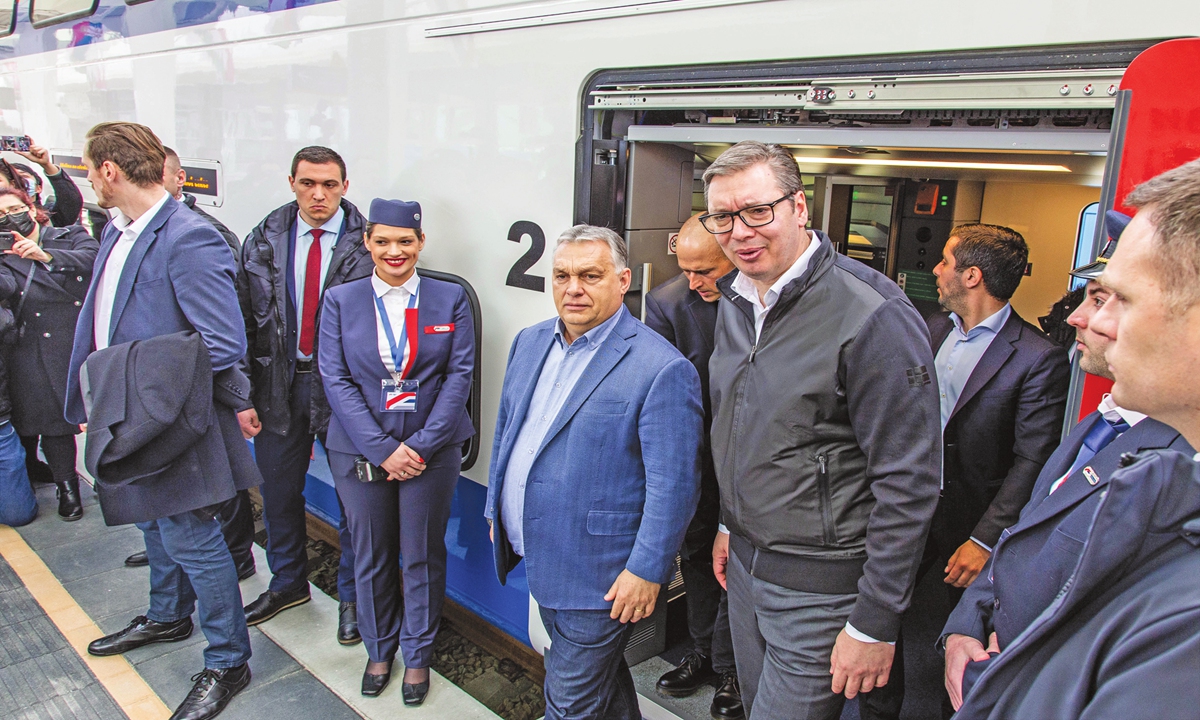 Serbian President Aleksandar Vucic and Hungarian Prime Minister Viktor Orban ride the first train on the Belgrade-Novi Sad section at the Belgrade railway station on March 19, 2022. Photo: Xinhua