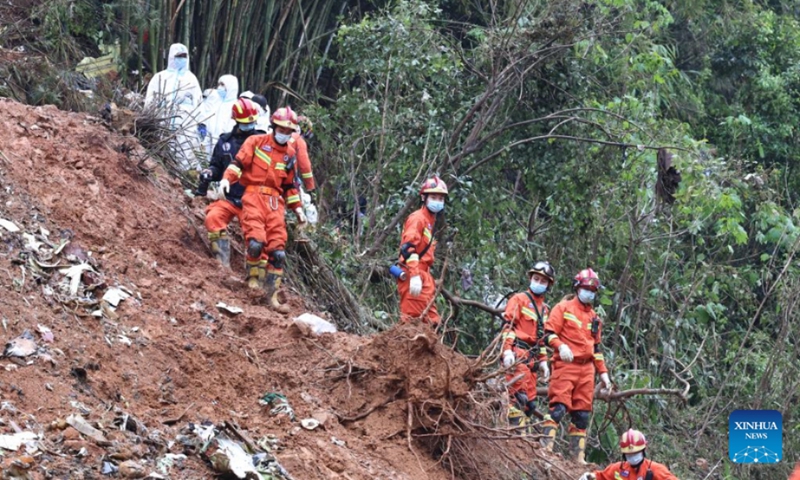 Rescuers conduct search and rescue work at a plane crash site in Tengxian County, south China's Guangxi Zhuang Autonomous Region, March 24, 2022. Photo: Xinhua