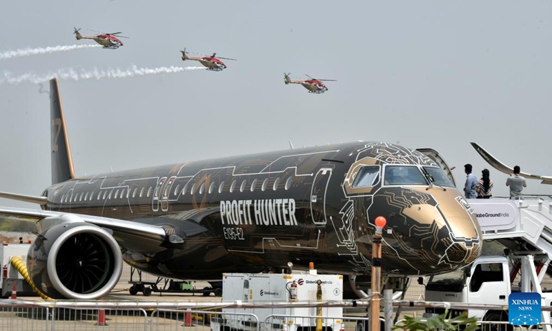 Photo taken on March 24, 2022 shows a view of the aviation show Wings India 2022 on its first day at Begumpet Airport in Hyderabad, capital of India's Telangana state.Photo:Xinhua