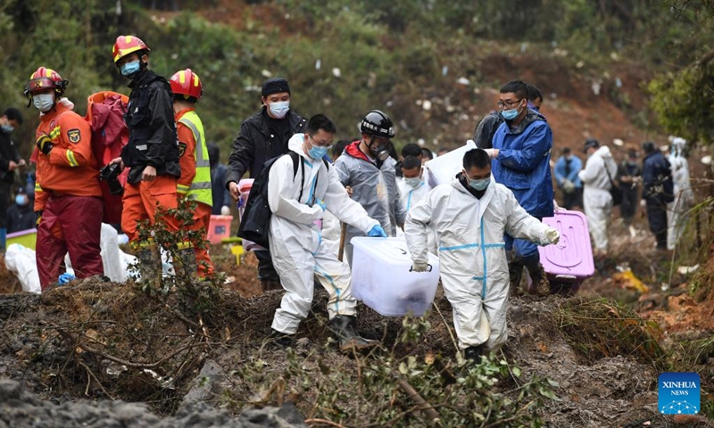 Rescuers conduct search and rescue work at a plane crash site in Tengxian County, south China's Guangxi Zhuang Autonomous Region, March 24, 2022. Photo: Xinhua