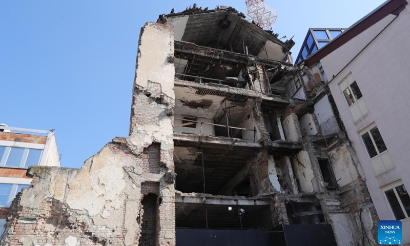 The bombed Radio Television Serbia (RTS) building is seen in Belgrade, Serbia, March 21, 2022. In Belgrade, there are many scars left by the NATO bombings. The NATO bombings of Yugoslavia started on March 24, 1999.Photo:Xinhua