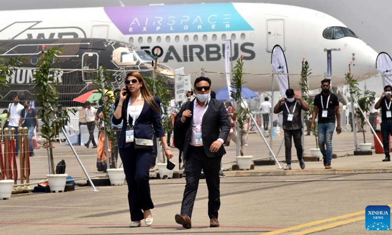 Photo taken on March 24, 2022 shows a view of the aviation show Wings India 2022 on its first day at Begumpet Airport in Hyderabad, capital of India's Telangana state.Photo:Xinhua