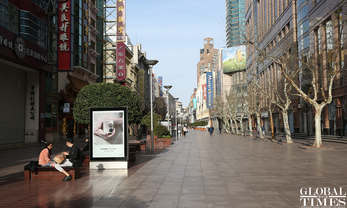 The Nanjing Road, one of the world's busiest shopping streets, is almost empty. Photo: Shi Liu