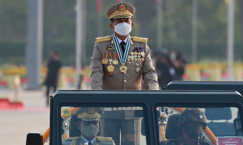 Commander-in-Chief of Defence Services Senior General Min Aung Hlaing attends a military parade to mark the 77th Armed Forces Day in Nay Pyi Taw, capital of Myanmar, March 27, 2022.Photo:Xinhua