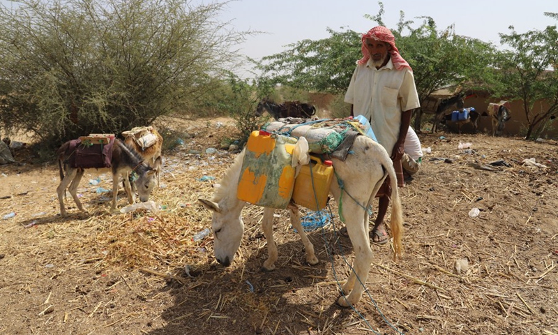 A Yemeni man stands near his donkey carrying water tanks after he filled them up at a charitable water station in Abs District, Hajjah Province, northern Yemen on March 21, 2022.(Photo: Xinhua)