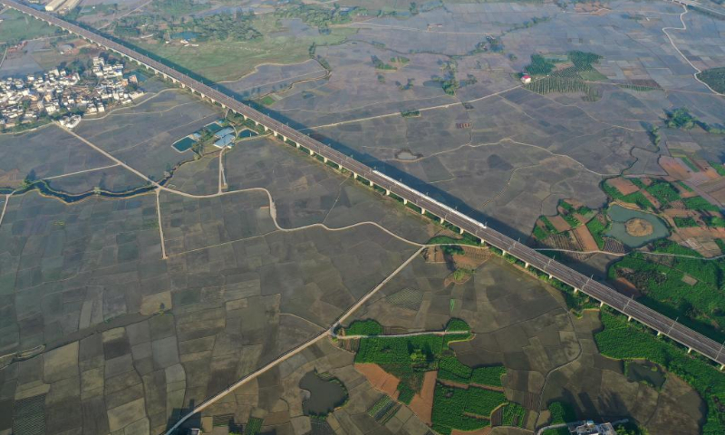 In this aerial photo, a high-speed train runs on the bridge above fields in Binyang County, south China's Guangxi Zhuang Autonomous Region, April 4, 2022. (Xinhua/Huang Xiaobang)