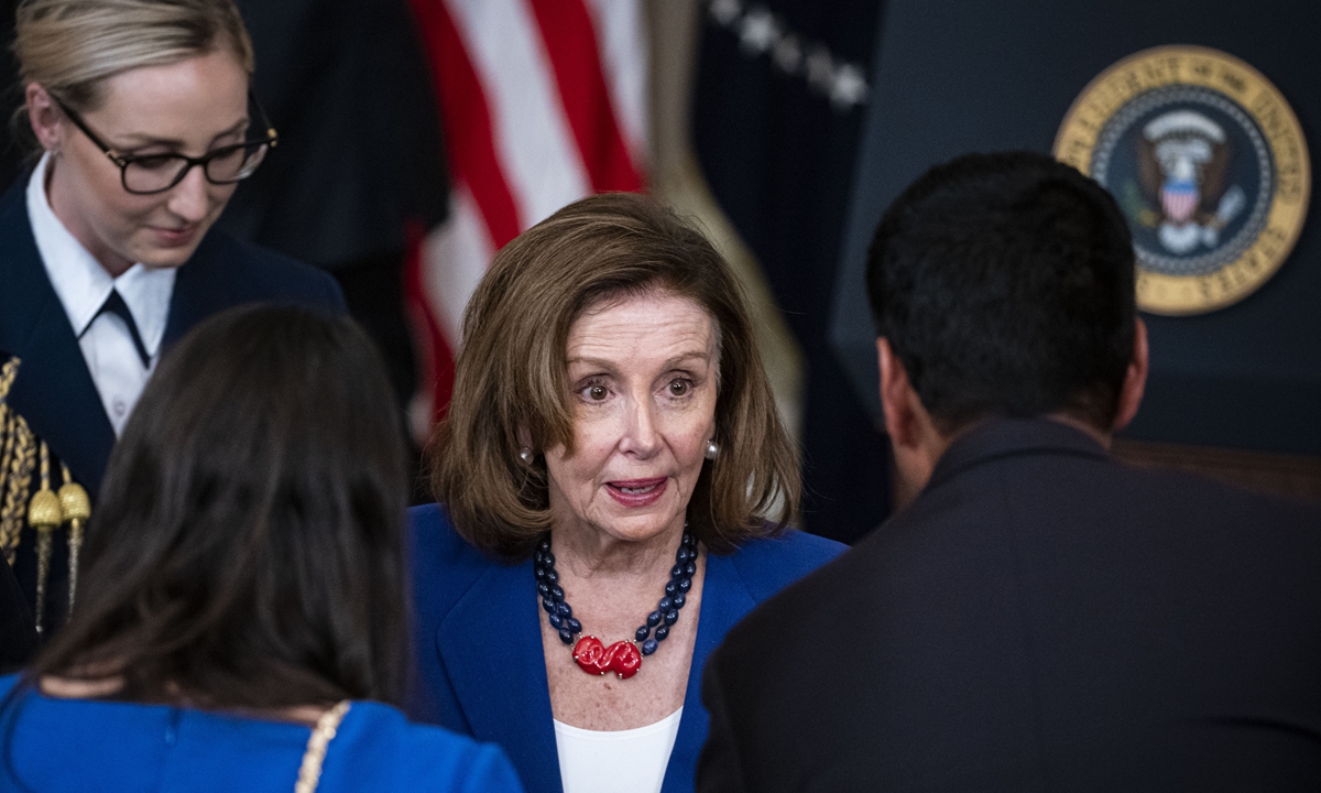 US House Speaker Nancy Pelosi departs the White House in Washington DC following a signing event for a postal service reform act on April 6, 2022. Pelosi tested positive for COVID-19 on April 7 and postponed her Asia trip and reported visit to the island of Taiwan. Photo: VCG