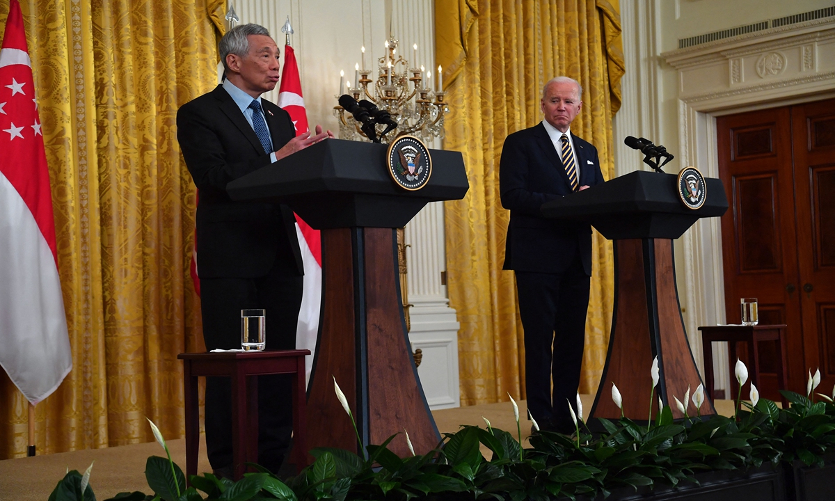 Prime Minister Lee Hsien Loong of Singapore speaks during a joint news conference with US President Joe Biden in the East Room of the White House on March 29, 2022 in Washington, DC. Photo: AFP