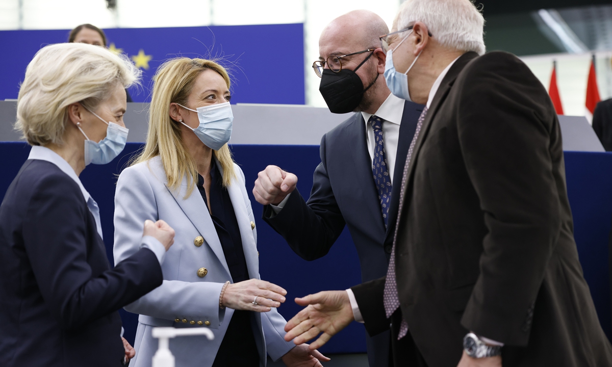 European leaders arrive in Strasbourg, France on April 6, 2022 for a debate on more sanctions on Russia over the Ukraine crisis. European Council President Charles Michel (second left) said sanctions on Russian oil and gas will be needed 