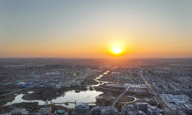Aerial photo taken on April 1, 2022 shows the sunrise in Xiong'an New Area, north China's Hebei Province.Photo:Xinhua